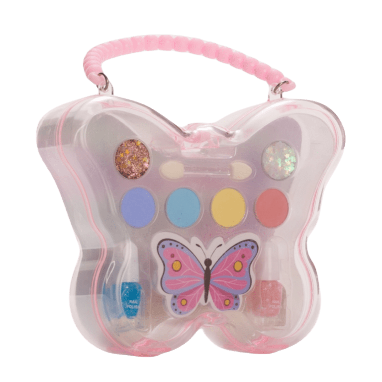 A delightful makeup set in a butterfly-shaped plastic carrying case, featuring safe and washable cosmetics, ideal for kids’ dress-up and imaginative play